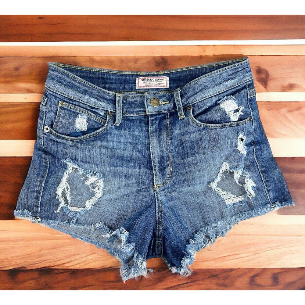 Guess Jean Shorts Sz 26 Blue Wash Distressed Torn Mid Rise Logo Denim Stretch